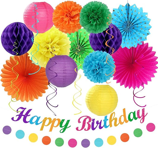 Rainbow Friends Colorful Birthday Party-decorations - 21pcs Girls Boys Happy Banner Garland, Paper Streamers Lanterns,Flower Tissue Pom Poms Fan Supplies,Wall Backdrop Decor Huglony
