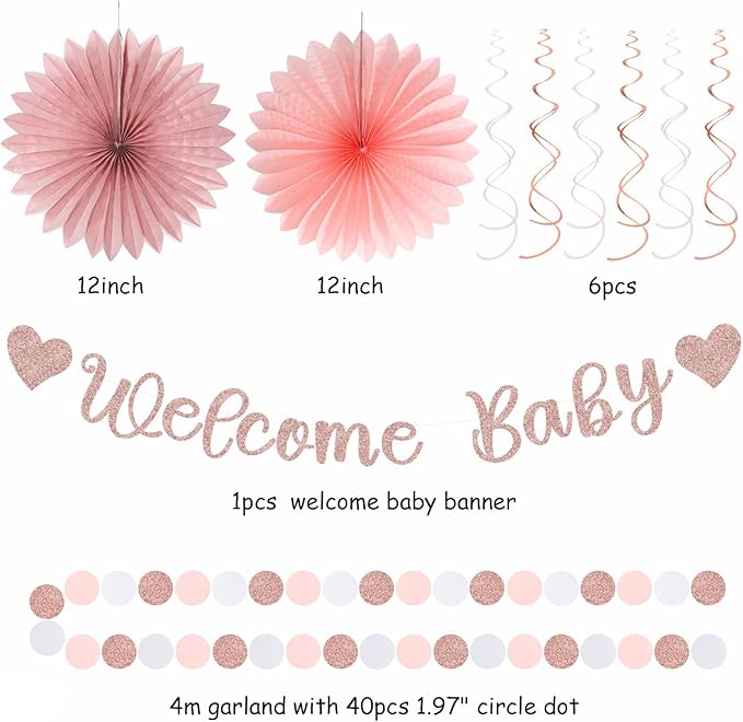 Rose-Gold Pink-White Baby Shower Party-Decorations - 22pcs Girls Welcome Baby Banner, Paper Lanterns Streamers, Tissue Pom Poms Flowers Fans Decor Supplies Hugmoon