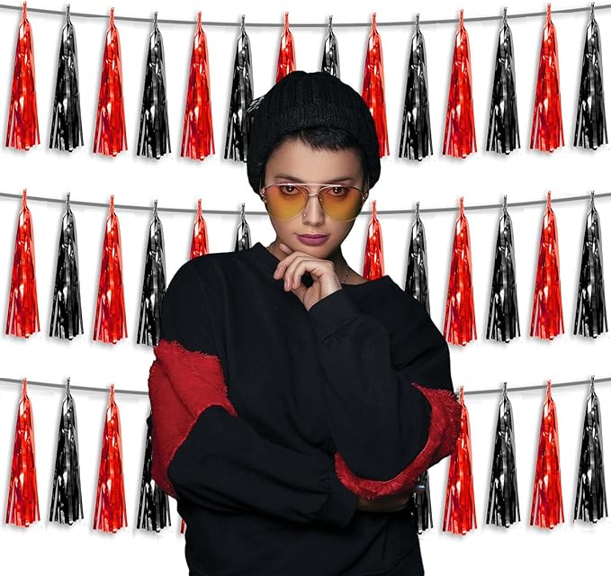 3P Metallic Fringe Tassel Banner Garland Foil Tinsel Streamer Wall Hanging Curtain Backdrop Banner for Parade Floats, Halloween Decorations, Christmas Day Party Decoration(Black red)