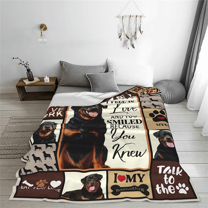 Rottweiler Gifts Blanket, Rottweiler Throw Blankets, Dog Gift for Women Men Boys Girls Lover Adult Cozy Fleece Flannel Bedding Stuff Animal Plush for Couch Sofa Bed Decor 60"X50"