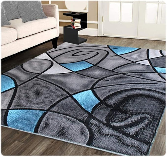 Masada Rugs, Modern Contemporary Area Rug, Blue Grey Black (8 Feet X 10 Feet)