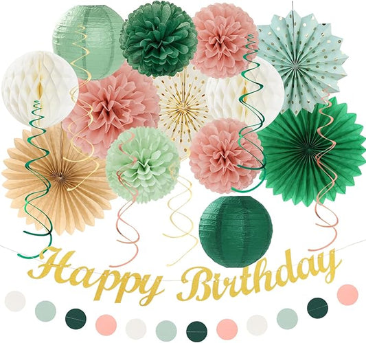 Sage-Green Pink-Gold Boho-Rustic Birthday Party-Decorations - 21pcs Happy Banner,Olive Retro Beige Paper Lanterns Pom Poms,Neutral Streamers Garland,Women Girls Decor Supplies Huglony