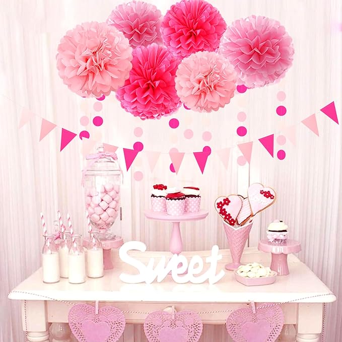 Rose Hot Pink Party Decorations - 23pcs Girl Birthday Baby Shower Tissue Pom Poms Streamers, Bachelorette Bridal Wedding Engagement Supplies Tassel Garland Banner, Favors Decor Ouruola