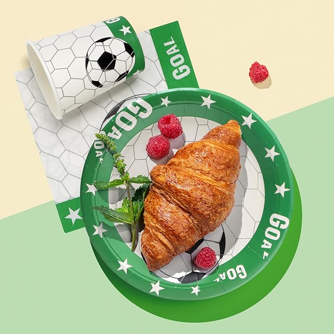 96pcs Party Plates Soccer Tableware Set Green and White Kid's Birthday Paper Plates Round for 24 Guests Disposable Table Supplies Picnic Soccer Party (Include Plates, Cups and Napkins)