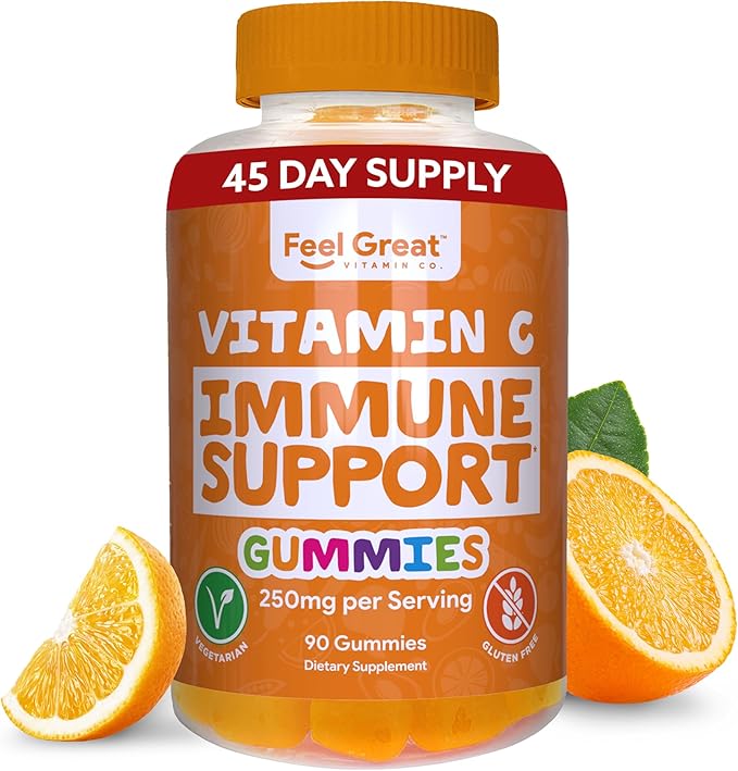 Vitamin C Gummies for Adults & Kids by Feel Great Vitamin Co. | 90 Orange Flavored Gummies | Immunity Support, Plant-Based Fruit Pectin