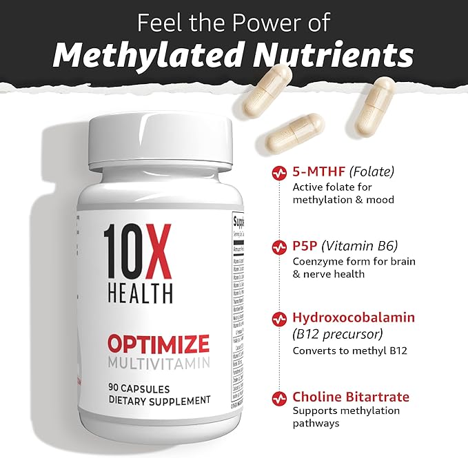 10X Health Optimize Multivitamin for Men - 90 Capsules, Methylated Multivitamin 34 in 1 Formula with 800 mcg of Vitamin B12, 5-MTHF, NAC - Methyl B Complex, MTHFR Supplement
