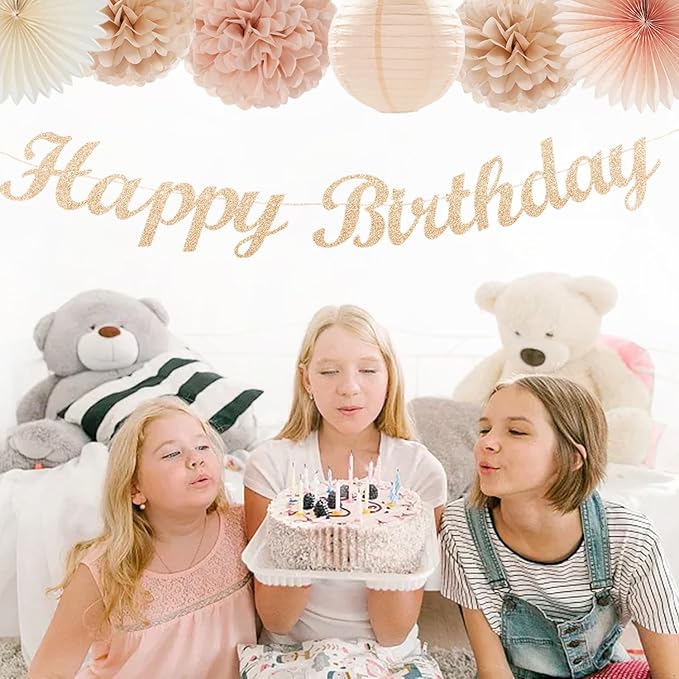 Champagne-Gold Beige 21st Happy-Birthday Party-Decorations - 31pcs Sweet 16 18th Women Girls Paper Lanterns Streamers Banner,Tissue Pom Poms Fans Tassels Graland Decor,Fall Boho Rose Backdrop Hugmoon