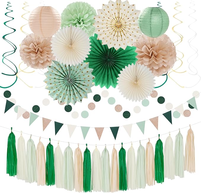 Olive-Sage Green Beige Champagne-Gold Party-Decorations - 33pcs Rustic Banner,Streamers Tassel Garland,Tissue Pom Poms,Paper Lantern Fans,Boho Neutral Baby Shower Birthday Bridal Decor Hugtmr
