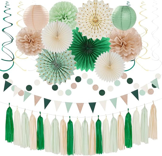 Olive-Sage Green Beige Champagne-Gold Party-Decorations - 33pcs Rustic Banner,Streamers Tassel Garland,Tissue Pom Poms,Paper Lantern Fans,Boho Neutral Baby Shower Birthday Bridal Decor Hugtmr