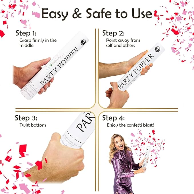 Clover Products 12" Biodegradable Confetti Poppers | 6 Pack | Red & Pink Poppers for Weddings, Birthdays & Events | Air-Powered, Safe & Easy to Use | Shoots 25 Feet for Indoor & Outdoor Celebrations