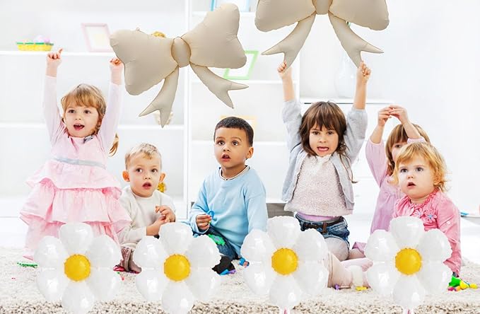 FBQ 6 Pcs White Daisy Flower Balloons and 3 Pcs White Bow Foil Balloon Flower Theme Girls Birthday Baby Shower Wedding Party Decorations(9 Pcs)