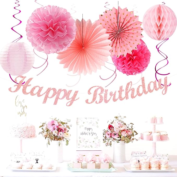 Light Hot Pink Birthday Party-Decorations - 21pcs Girl Happy Banner,Paper Lanterns Honeycomb,Tissue Pom Poms Flower Fan,Hanging Streamers Garland,18th 21st 30th Women Birthday Decor Supplies Huglony