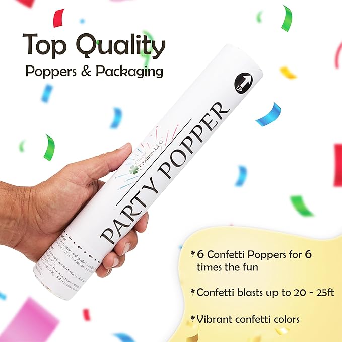 Clover Products 12" Biodegradable Confetti Cannons | 6 Pack Confetti Poppers for Weddings, Birthdays & Parties | Air-Powered Party Poppers Shoot 25 Feet | Safe for Indoor & Outdoor Use