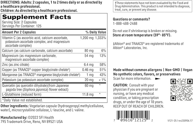 Klaire Labs SFI Health Buffered Vitamin C Capsules with Quercetin Bioflavonoids & L-Glutathione to Support Immune Function & Antioxidant Protection - Hypoallergenic & Gentle on Stomach (250 Capsules)
