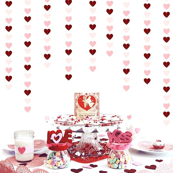 Pink Burgundy Party-Decorations Heart Garland - 62FT Wedding Hanging Streamer Banner,Birthday Baby Bachelorette Engagement Mothers Day Bridal Shower Backdrop Decor Hugtmr