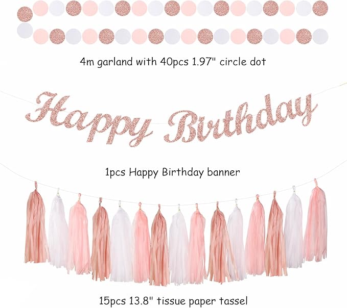 Rose-Gold Pink-White Happy Birthday Party-Decorations - 31pcs Sweet First 16 18th 21st Women Girls Paper Lanterns Streamers Banner,Tissue Pom Poms Decor,Flower Fans Tassels Graland Supplies Hugmoon