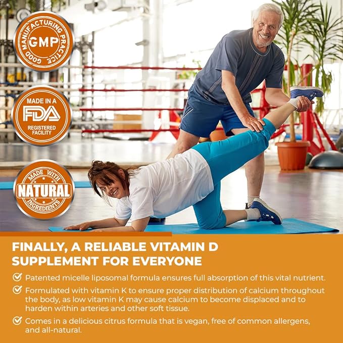 Vitamin D3 with K2 Liquid Supplement, Vegan, Micelle Liposomal Enhanced Absorption, Non-GMO, 30 Day Supply