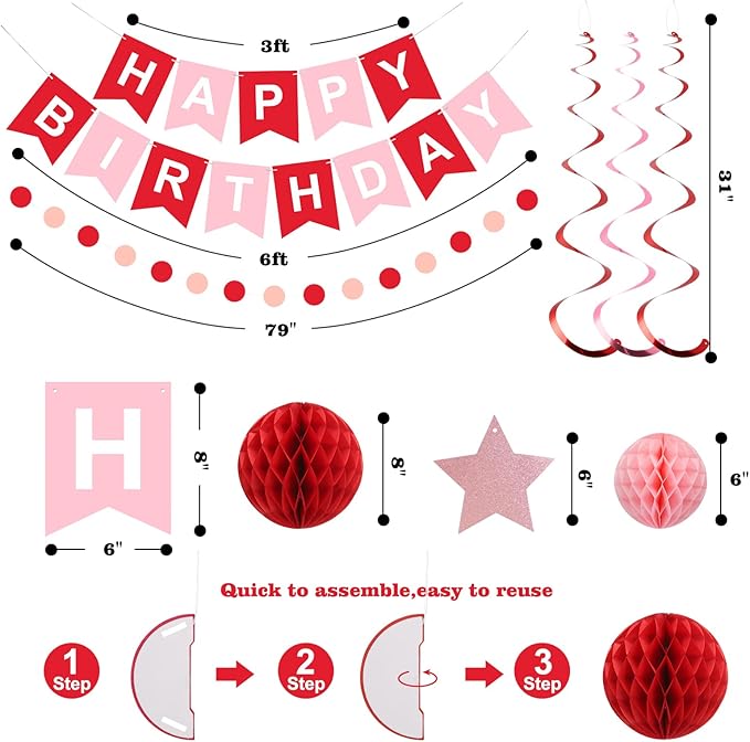 meowtastic Birthday Decorations, Happy Birthday Banner with Honeycomb Balls, Stars Hanging Swirl Streamers, Circle Dots Garland, Happy Birthday Party Decorations for Women Men Boys Girls (Red)