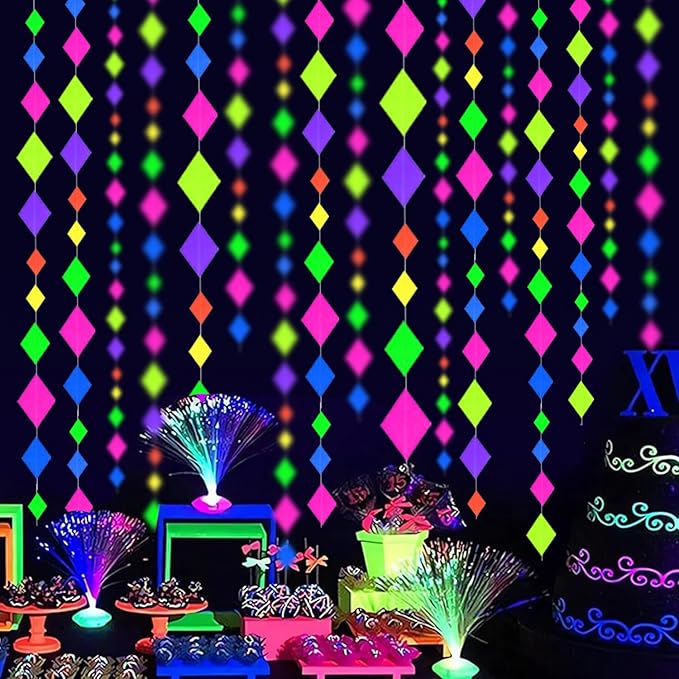 123feet UV Paper Neon Streamers & Garlands - Diamond Shape Black Light Decorations, Glow Party Favors & Supplies for Wedding & Birthday Celebrations