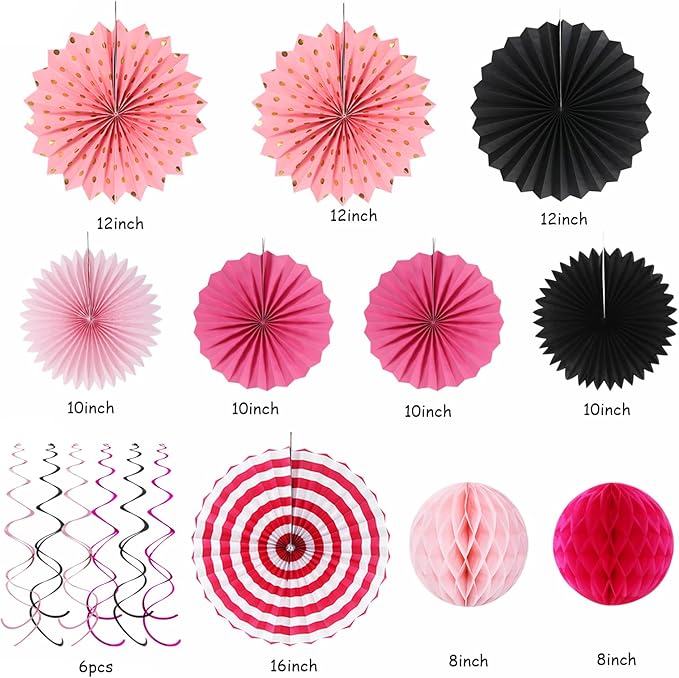 Hot-Pink Black Party-Decorations - 33pcs Baby Girl Women Birthday Banner,Streamers Tassel Garland,Birthday Tissue Pom Poms Honeycomb,Paper Lantern Fans,Wedding Bachelorette Graduation Decor Hugtmr