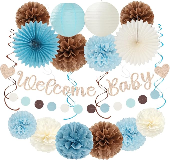 Dusty-Light Blue-Brown Baby Shower Party-Decorations - 22pcs Boys Welcome Baby Banner, White Paper Lanterns Streamers, Coffee Tissue Pom Poms Flowers Fans Decor Hugmoon