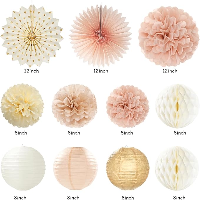 Champagne-Gold Beige Fall Boho Birthday Party-Decorations - 21pcs Autumn Neutral Retro Happy Banner,Girl One Sweet Peach Paper Streamers Lanterns,Tissue Pom Poms Fan,Rustic Backdrop Decor Huglony