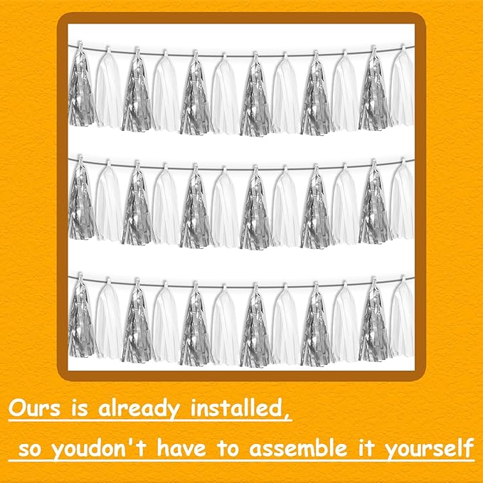 3P White Silver Metallic Fringe Tassel Banner Garland Foil Tinsel Streamer Wall Hanging Curtain Backdrop Banner for Parade Floats, Graduation Bridal/Baby Shower Retirement Party Decorations