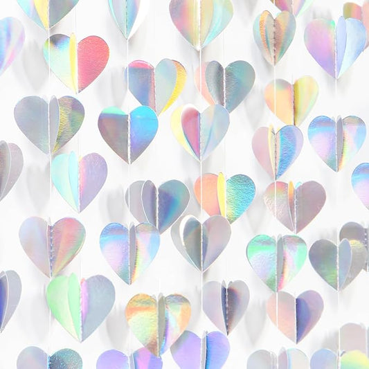 Iridescent Disco-Holographic Party-Decorations Heart-Garland - 39Ft Neon Wedding Hanging Paper Streamers Banner,Birthday Bachelorette Baby Bridal Shower Engagement Decor Ouruola