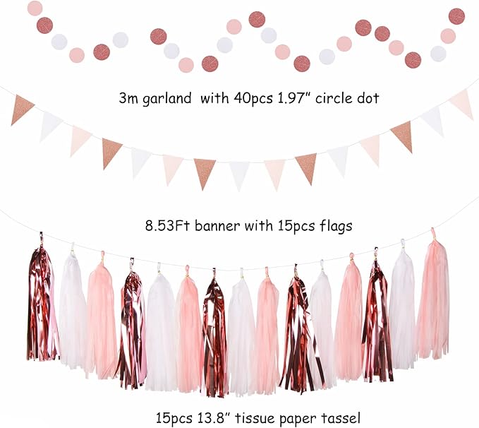 Rose-Gold Pink-White Graduation Party-Decorations - 33pcs Banner,Streamers Tassel Garland,Tissue Pom Poms Honeycomb,Paper Lantern Fan,Birthday Wedding Bridal Baby Shower Bachelorette Engagement Hugtmr