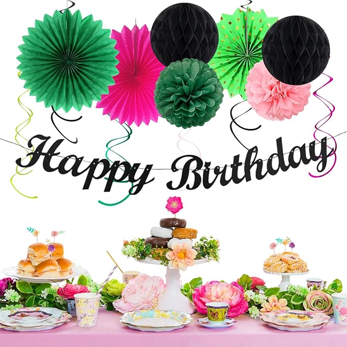 Green Hot-Pink Black Summer-Hawaiian Birthday Decorations - 21pcs Girls Woman Happy Party Banner Garland,Tropical Beach Pool Paper Streamers Lanterns,Flower Tissue Pom Poms Fan Supplies Decor Huglony