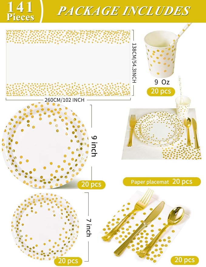 141 Pieces White Gold Party Supplies, Disposable Party Decorations Sets Include Paper Plates Napkins Cups, Plastic Forks Knives Spoons, for Baby Shower Birthday Wedding -20 Guests