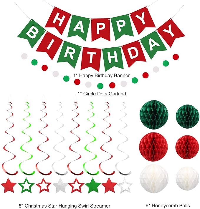 meowtastic Birthday Decorations, Happy Birthday Banner with Honeycomb Balls, Stars Hanging Swirl Streamers, Circle Dots Garland, Happy Birthday Party Decorations for Women Men Boys Girls (Red & Green)