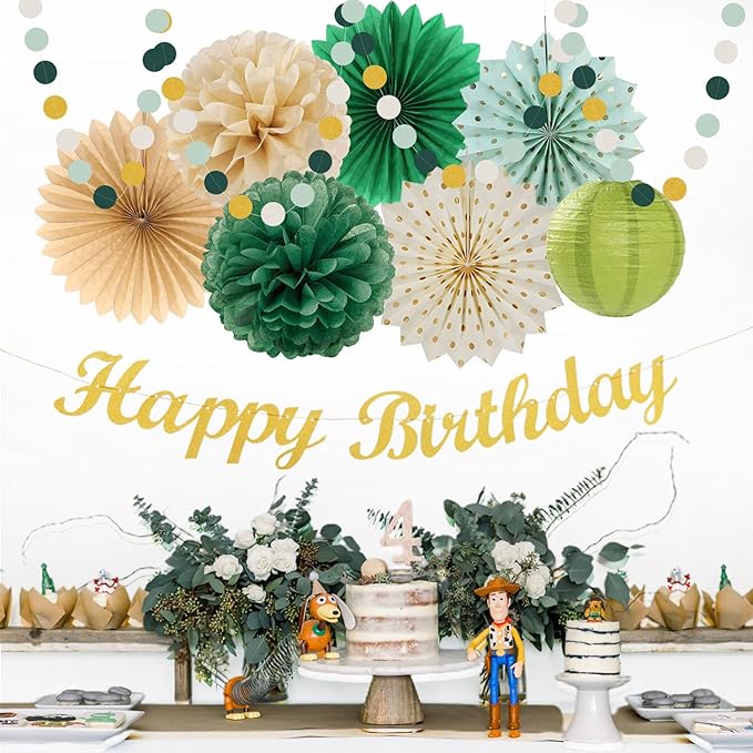 Sage Green Champagne-Gold Birthday Party-Decorations - 21pcs Happy Banner,Olive Retro Paper Lanterns Pom Poms,Rustic Boho Neutral Streamers Garland,Women Girls Boy Decor Supplies Huglony