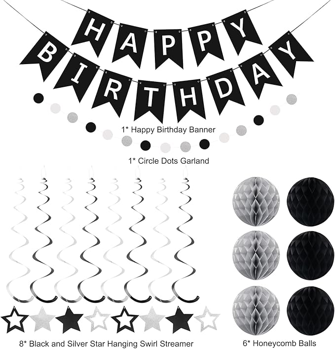 meowtastic Birthday Decorations, Happy Birthday Banner with Honeycomb Balls, Star Hanging Swirl Streamer, Circle Dot Garland, Happy Birthday Party Decoration for Women Men Boys Girls (Black & Silver)