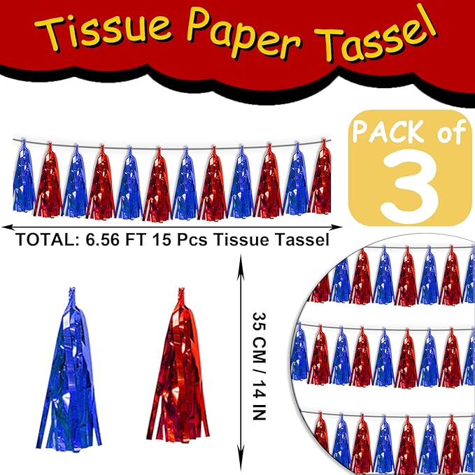3P Blue Red Metallic Fringe Tassel Banner Garland Foil Tinsel Streamer Wall Curtain Backdrop for Parade Floats, Graduation, Independence Day, 4th of July, Patriotic Themed Party Decoration