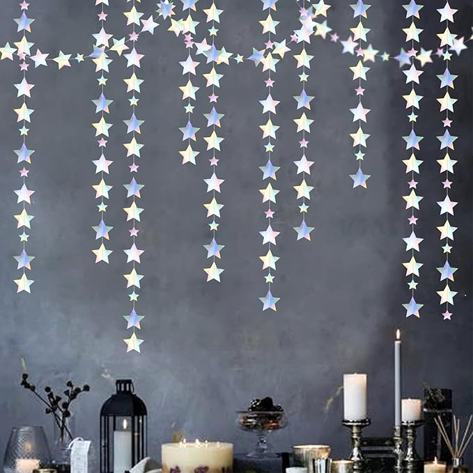 Iridescent Disco-Holographic Party-Decorations Christmas Garland - 62ft Twinkle Little Star Streamers Hanging Banner,Wedding Birthday Bachelorette Baby Bridal Shower Decor Hugtmr