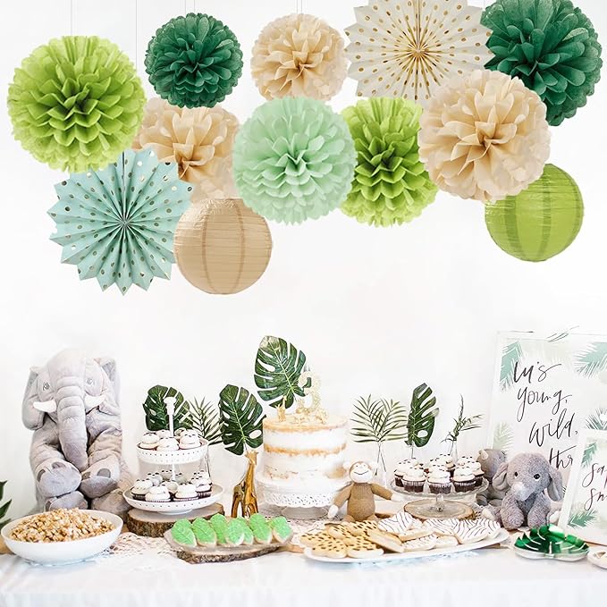 Sage-Green Boho Party-Decorations Paper-Flowers Lanterns - 20PCS Rustic Tissue Pom Poms Streamers Fans Honeycomb, Birthday Baby Shower Neutral Garden Neutral Wedding Hanging Supplies Decor Burgleda