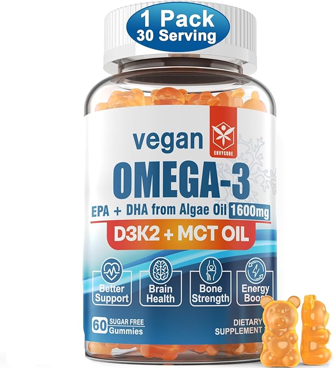 Vegan Omega 3 Gummies 1280mg + Vitamin D3 K2 (MK7), Omega 3 Fish Oil Alternative for Adults, w/Algae EPA 600mg & DHA 400mg, MCT Oil - No Fish Taste - for Brain, Eye, Immune Health, Sugar Free, 1 Pack