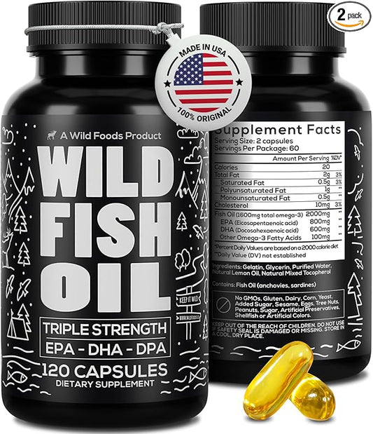 Wild Foods Omega 3 Fish Oil Supplement, 120 Capsules (2 pk) | Wild Caught, Burpless, Odorless, Non-GMO, Gluten Free | DPA, DHA, EPA Triple Strength Joint Nutrition for Women & Men