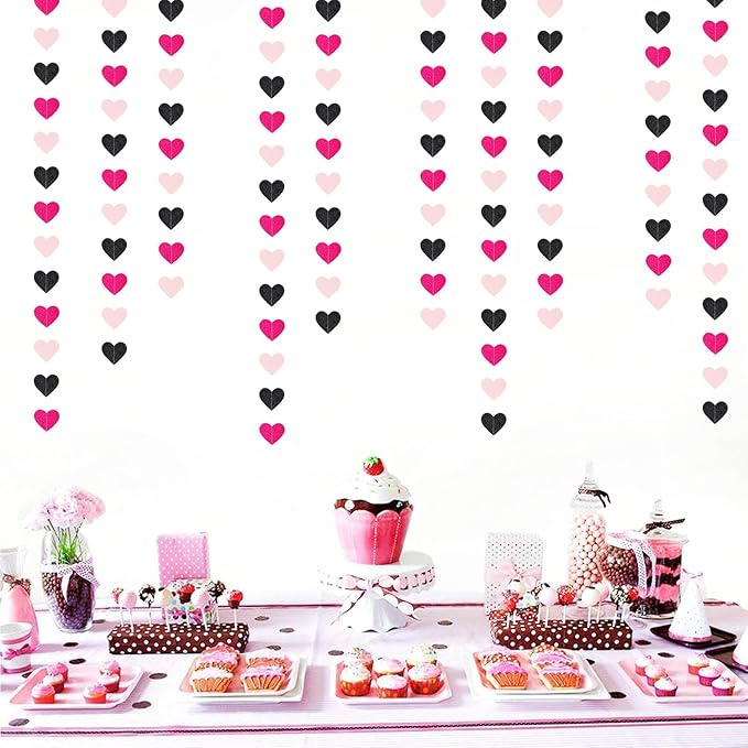 Hot-Pink Black Birthday Party-Decorations Streamers - 62FT Baby Girls Hanging Heart Garland Banner,Wedding Baby Bridal Shower Bachelorette Graduation Backdrop Decor Hugtmr