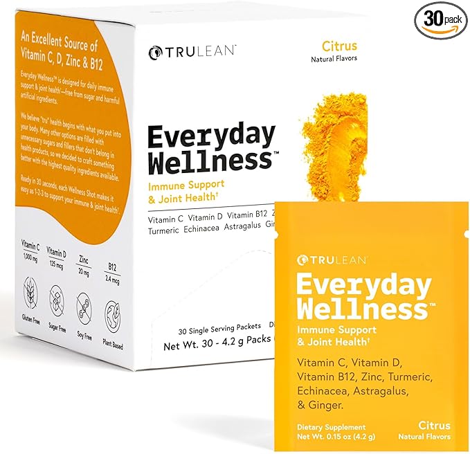 TRULEAN Everyday Wellness Shot Powder - Turmeric, Ginger, Vitamin C, Immunity & Immune Support Supplement - No Artificial Ingredients, No Sugar & Gluten Free - 30 Packets Citrus Flavor