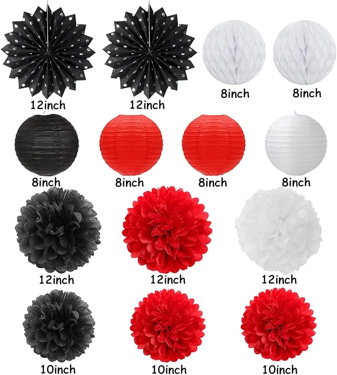 Black White-Red Party-Decorations Streamers Lanterns - 14pcs Birthday Graduation 2025 Paper Honeycomb Fan,Tissue Pom Poms,Men Women Wedding Baby Shower Backdrop Supplies Decor Ouruola