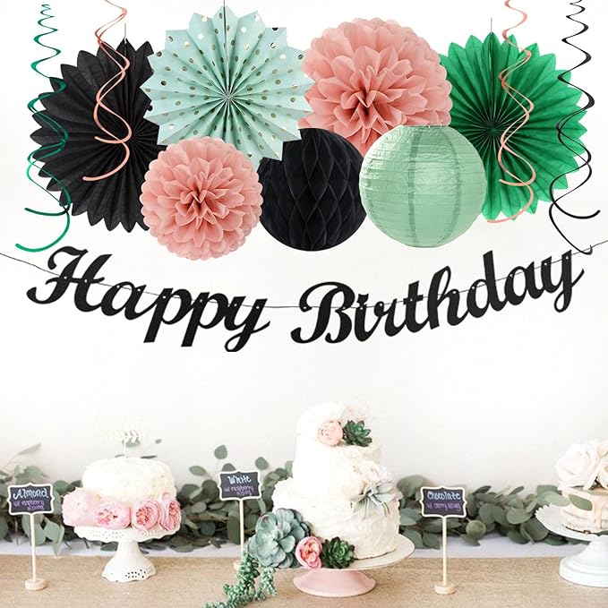 Sage-Green Blush-Pink Black Birthday Party-decorations - 21pcs Girls Woman Happy Banner Garland, Paper Streamers Lanterns,Flower Tissue Pom Poms Fan Supplies,Wall Backdrop Decor Huglony