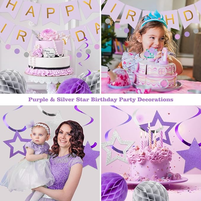 meowtastic Birthday Decorations, Happy Birthday Banner with Honeycomb Ball, Star Hanging Swirl Streamer, Circle Dot Garland, Happy Birthday Party Decoration for Women Men Boys Girls (Purple & Silver)
