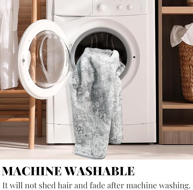 MUJOO Grey Rug 8'x10' Area Rugs for Living Room Bedroom Dining Room,Large Washable Boho Bohemian Vintage Distressed Farmhouse Non Slip Carpet, Floral Flowers