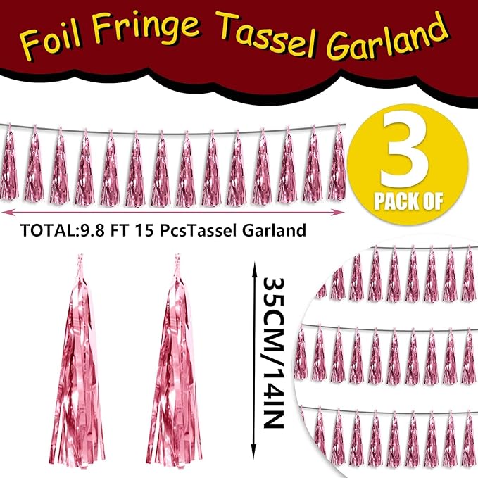 3P Metallic Fringe Tassel Banner Garland Foil Tinsel Streamer Wall Hanging Curtain Backdrop Banner for Parade Floats, Graduation Decorations, Wedding Party Decoration(Pink)