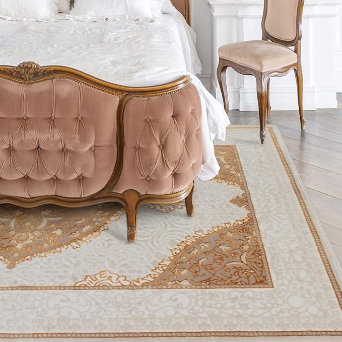 Antep Rugs Babil Gold 4x6 Oriental Bordered High Low Textured Traditional Indoor Area Rug, Beige Gold, 3'11" x 6'