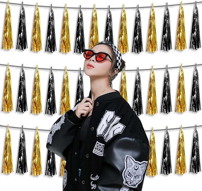 3P Metallic Fringe Tassel Banner Garland Foil Tinsel Streamer Wall Hanging Curtain Backdrop Banner for Parade Floats,Graduation Decorations, Father's Day,New Years Party Decoration(Black Gold)