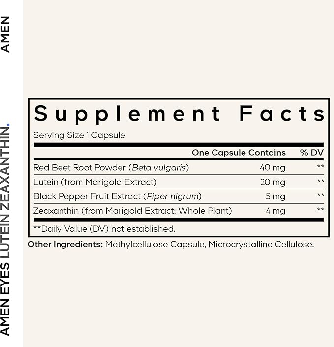 Amen Eyes Lutein Zeaxanthin Supplement - Eyes Vitamins - Lutein and Zeaxanthin from Marigold Extract, Red Beet Root Powder, Black Pepper Fruit Extract - 3-Month Supply Eye Care - Non-GMO - 90 Capsules