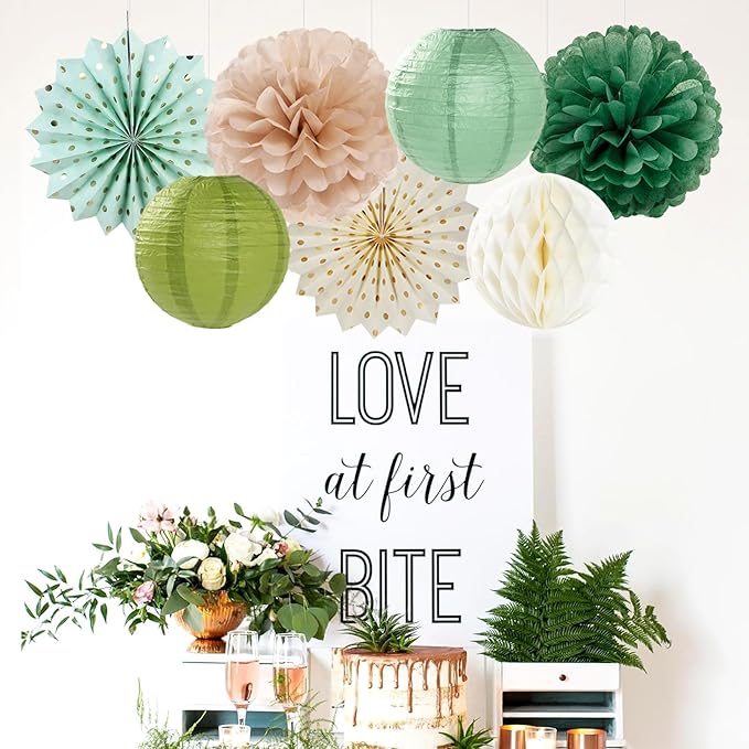 Olive-Sage Green Champagne-Gold Party-Decorations Lanterns - 14pcs Rustic Wedding Paper Fan Streamers,Tissue Pom Poms Honeycomb,Boho Bachelorette Neutral Baby Shower Birthday Bridal Decor Ouruola